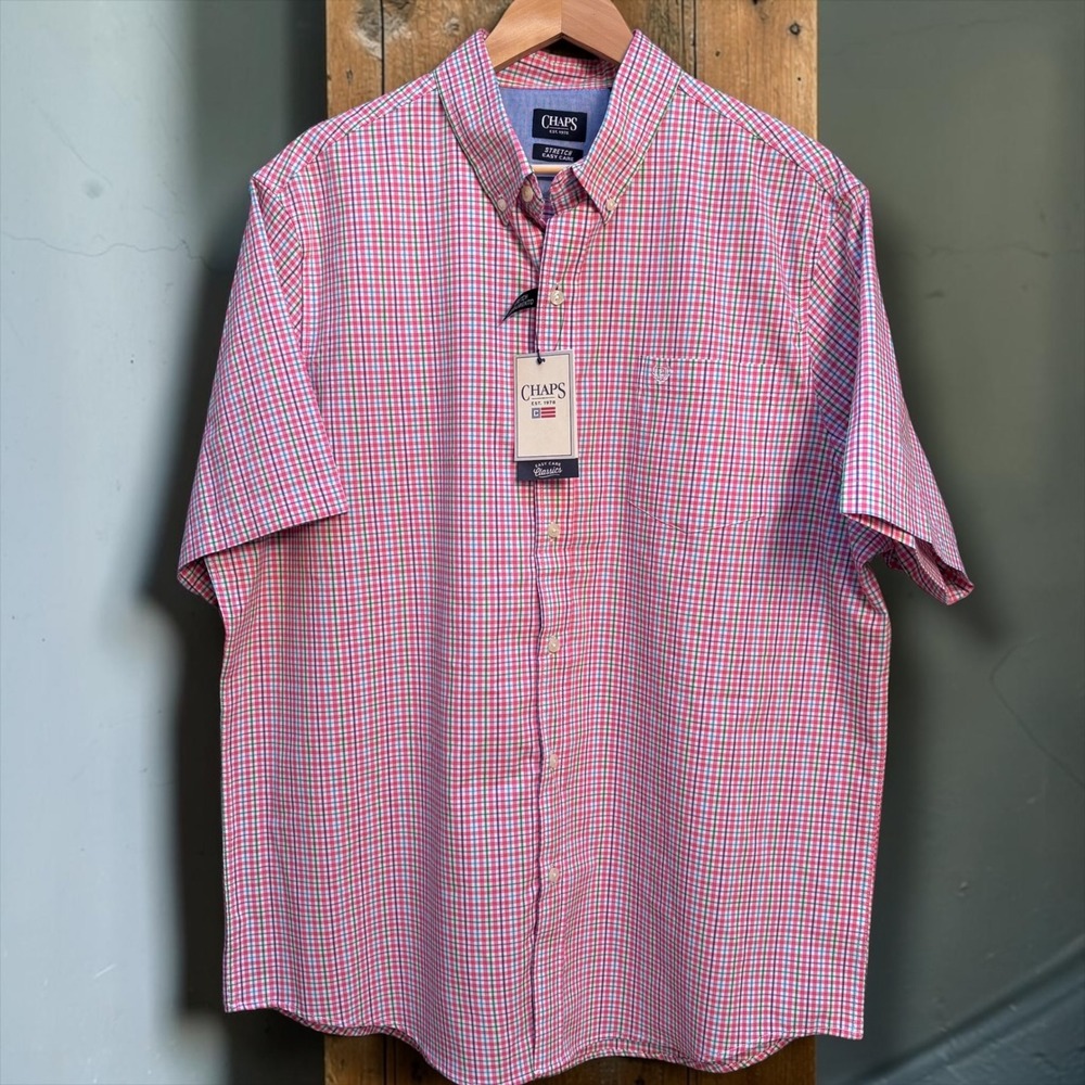 Chaps Mens XL Short Sleeve Button Down Shirt Pink Green Plaid Stretch Easy Care